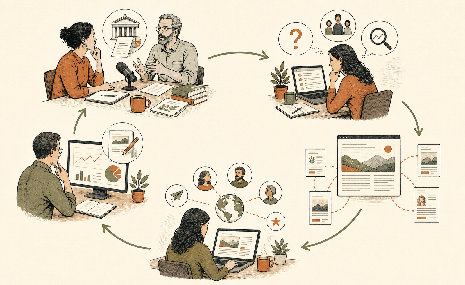 A content strategy moves from expert evidence to audience research, linked articles, discovery, measurement, and revision.