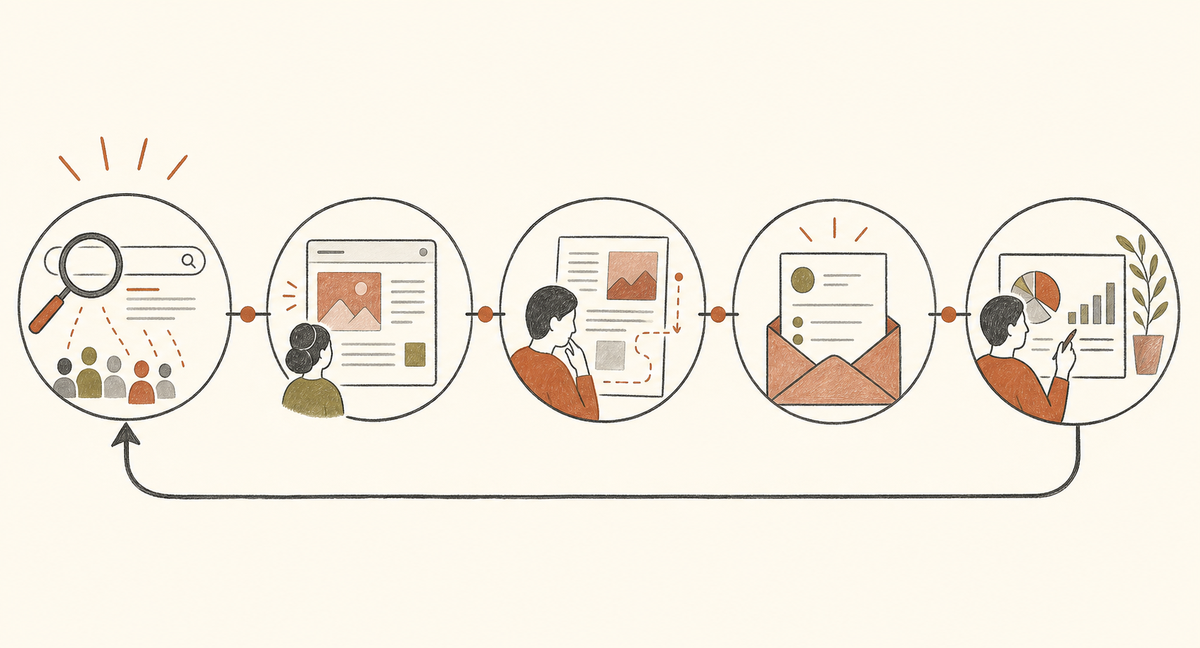 A loop follows search visibility, article visits, engaged reading, enquiries, and review.