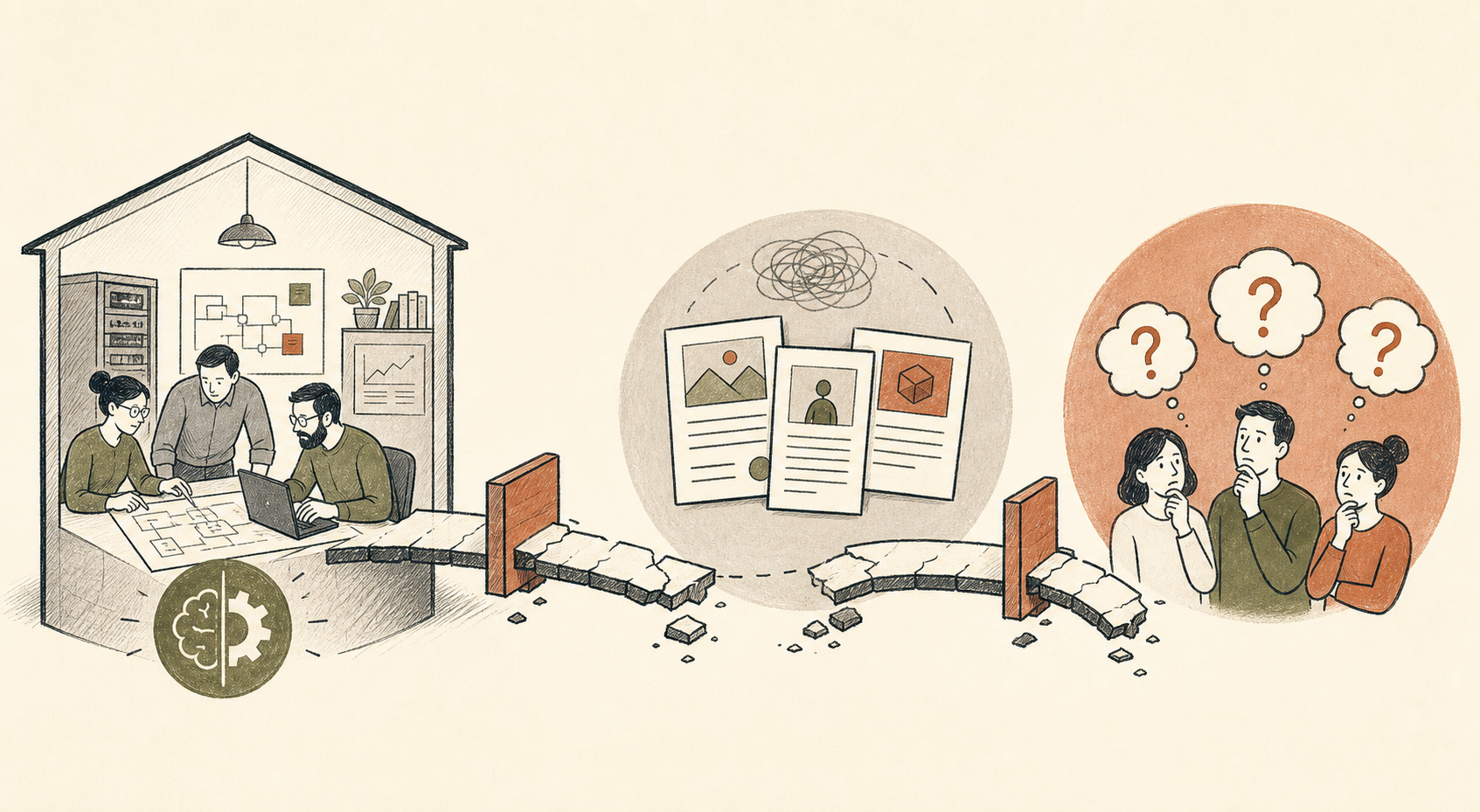 A broken path separates a technical team, generic content, and buyers with unanswered questions.