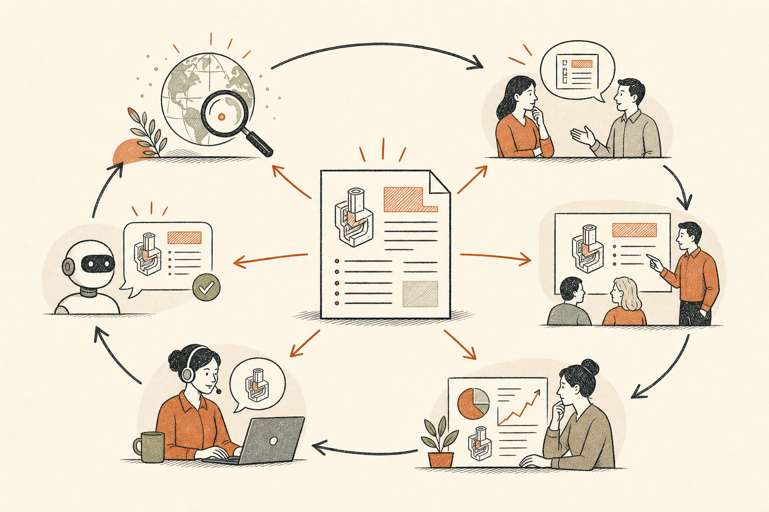A technical knowledge asset supports discovery, sales, training, product insight, support, and AI answers.